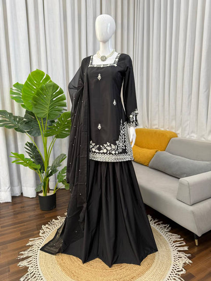 Premium Heavy Natural Crepe Top, Palazoo & Tibby Silk Dupatta Set