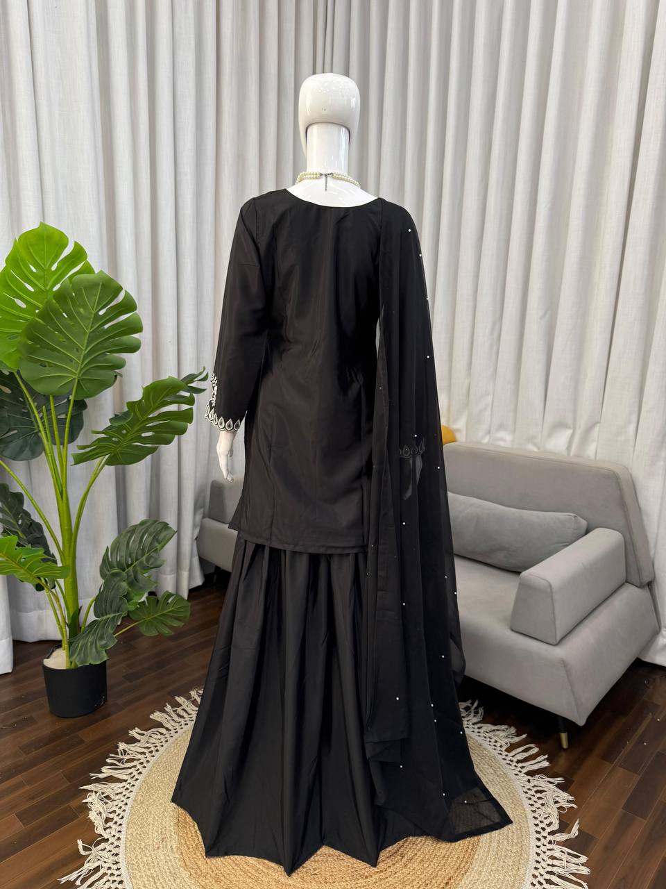 Premium Heavy Natural Crepe Top, Palazoo & Tibby Silk Dupatta Set