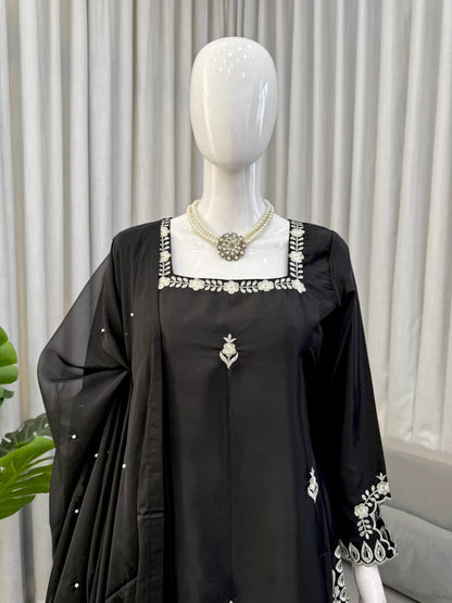 Premium Heavy Natural Crepe Top, Palazoo & Tibby Silk Dupatta Set