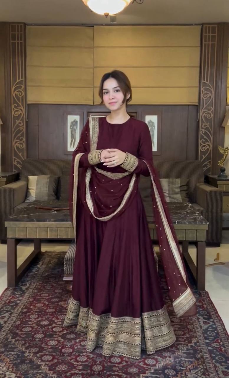 Premium Pure Chinon Silk Gown, Pant & Dupatta Set – Heavy Sequins Embroidery Work