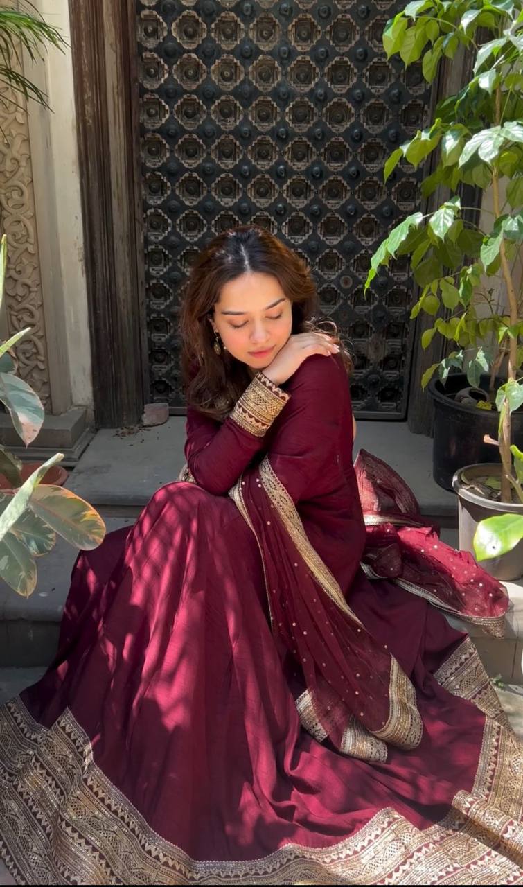 Premium Pure Chinon Silk Gown, Pant & Dupatta Set – Heavy Sequins Embroidery Work