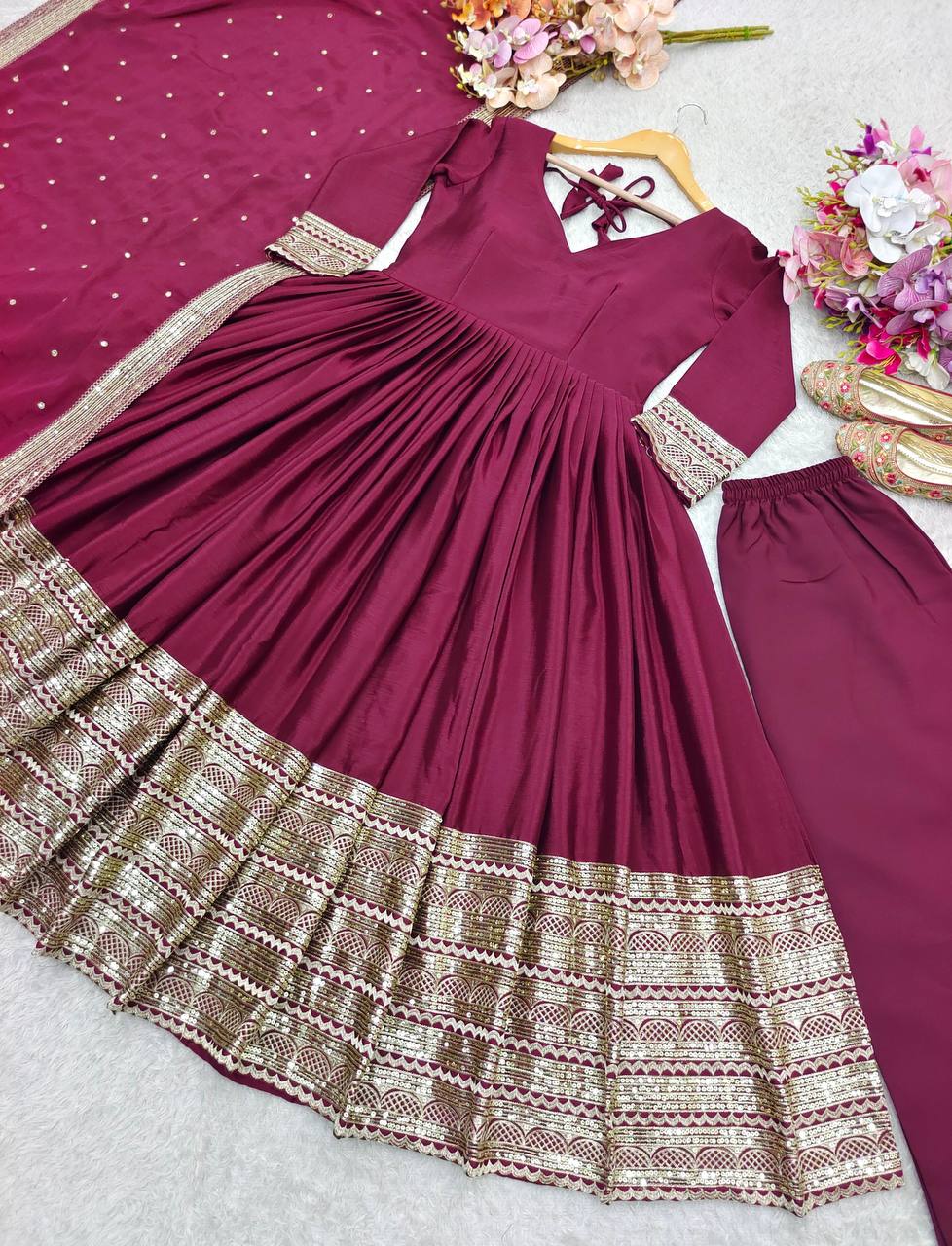 Premium Pure Chinon Silk Gown, Pant & Dupatta Set – Heavy Sequins Embroidery Work