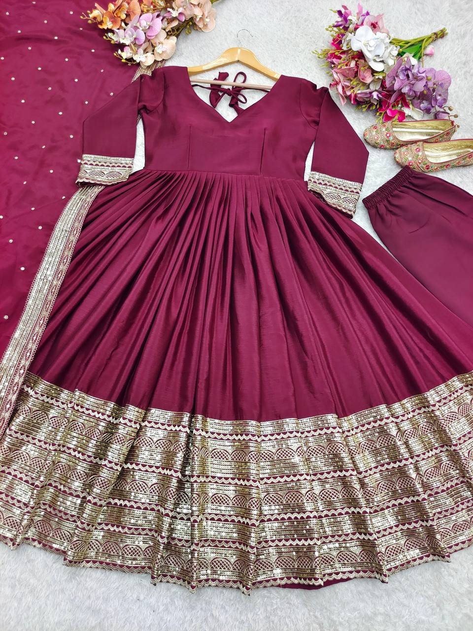 Premium Pure Chinon Silk Gown, Pant & Dupatta Set – Heavy Sequins Embroidery Work