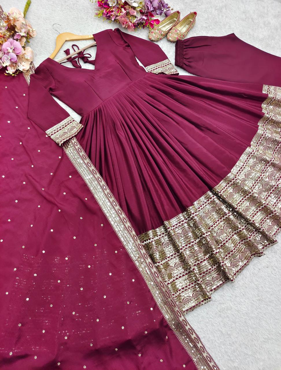 Premium Pure Chinon Silk Gown, Pant & Dupatta Set – Heavy Sequins Embroidery Work