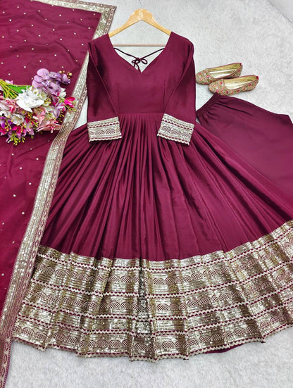 Premium Pure Chinon Silk Gown, Pant & Dupatta Set – Heavy Sequins Embroidery Work
