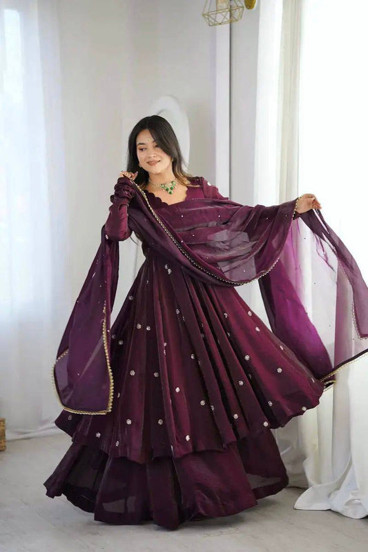 Premium Crunchy Silk Anarkali Three‑Piece Set – Sequins Embroidery Work