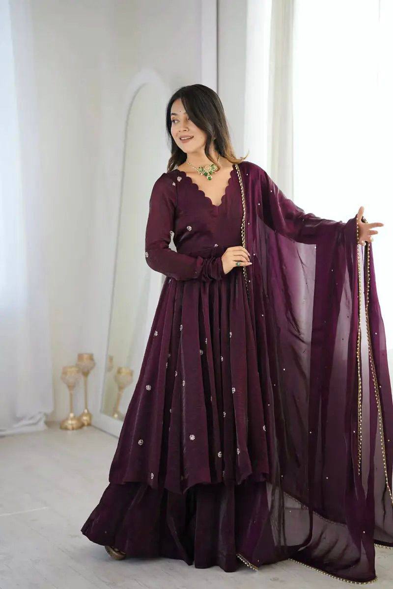 Premium Crunchy Silk Anarkali Three‑Piece Set – Sequins Embroidery Work