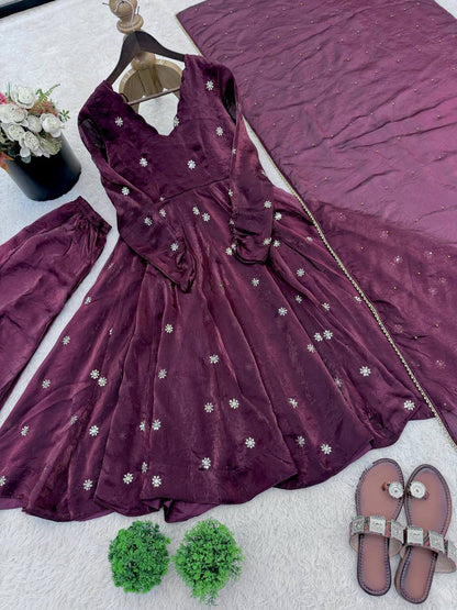 Premium Crunchy Silk Anarkali Three‑Piece Set – Sequins Embroidery Work