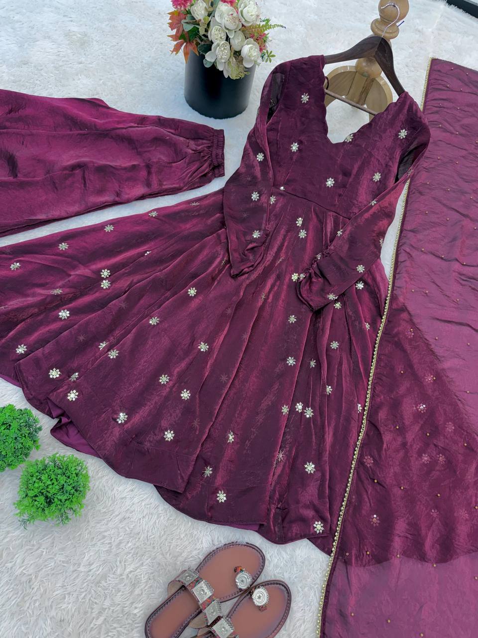 Premium Crunchy Silk Anarkali Three‑Piece Set – Sequins Embroidery Work