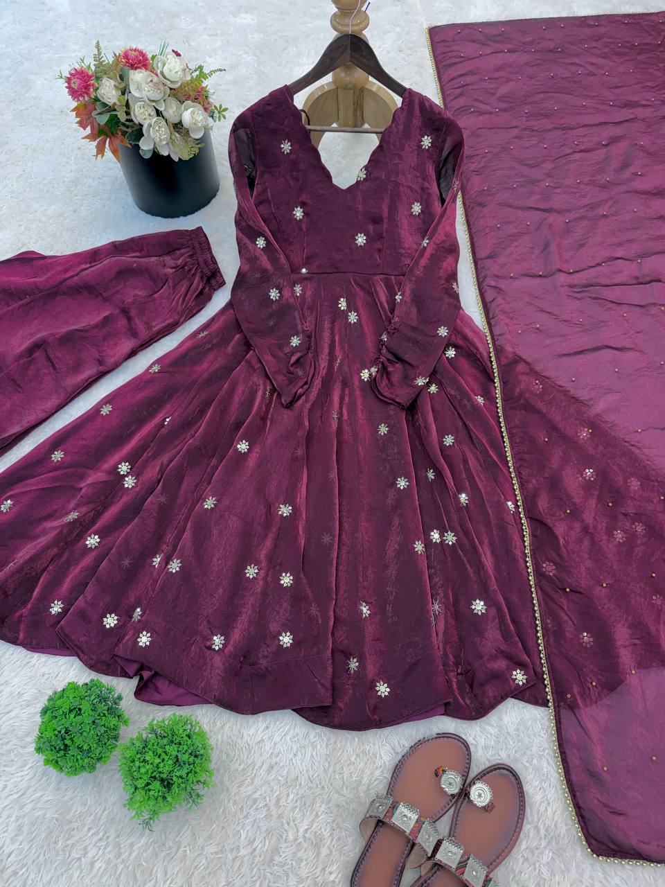 Premium Crunchy Silk Anarkali Three‑Piece Set – Sequins Embroidery Work