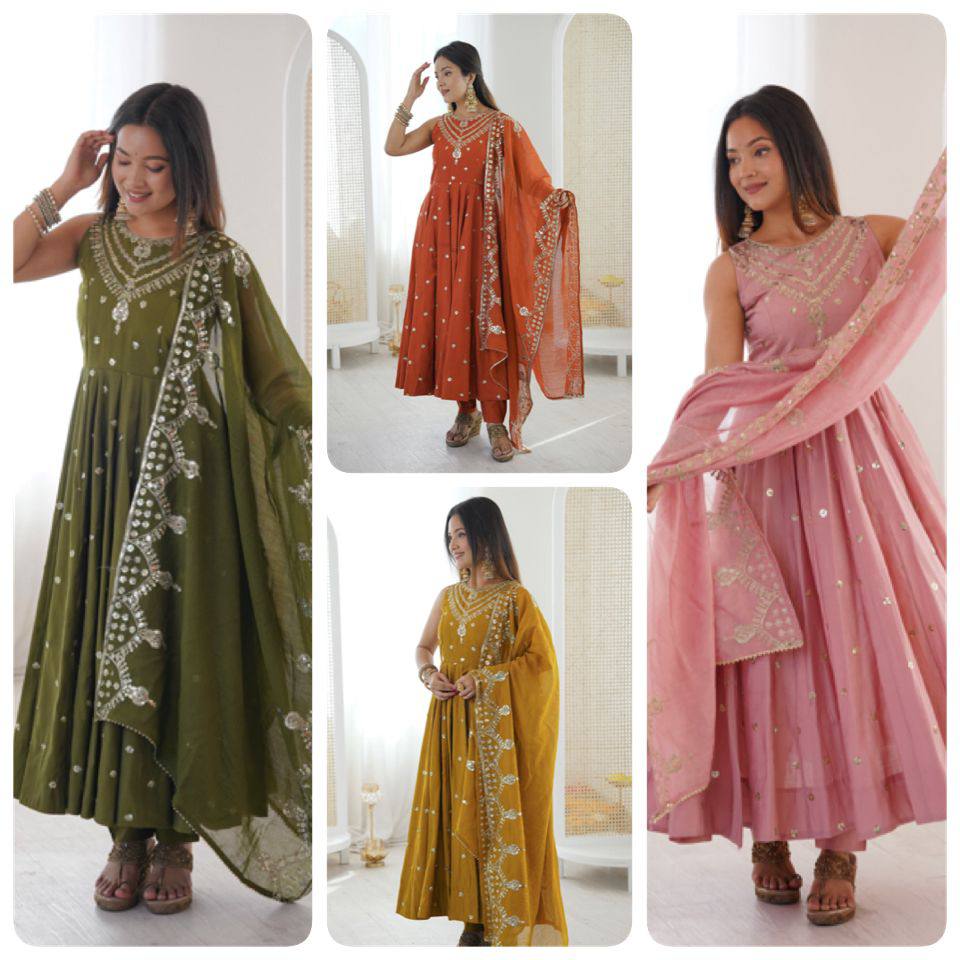 Premium Roman Silk Anarkali Gown, Bottom & Chanderi Silk Dupatta
