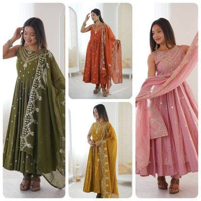 Premium Roman Silk Anarkali Gown, Bottom & Chanderi Silk Dupatta