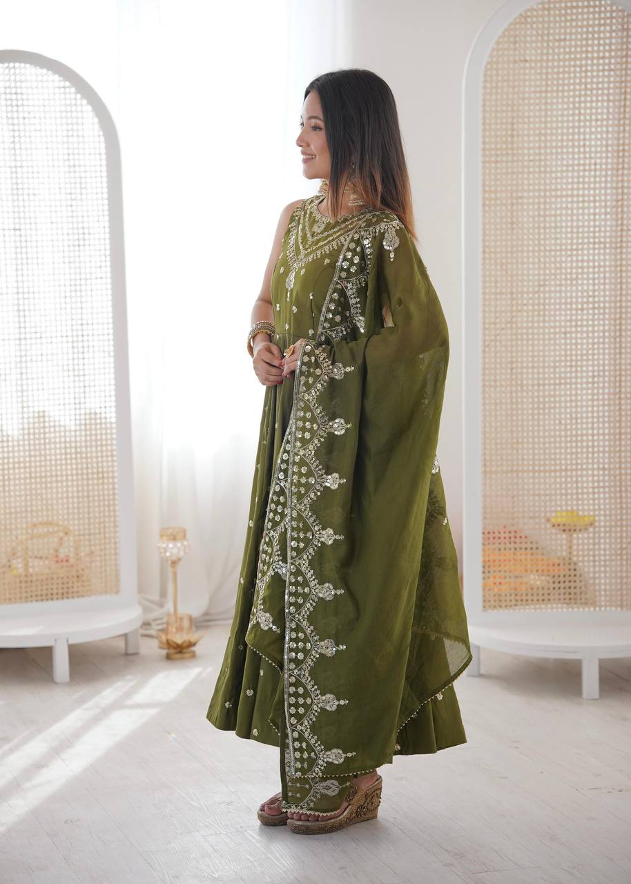 Premium Roman Silk Anarkali Gown, Bottom & Chanderi Silk Dupatta