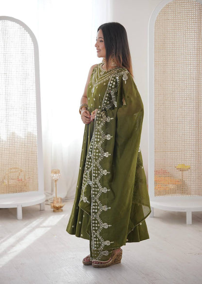 Premium Roman Silk Anarkali Gown, Bottom & Chanderi Silk Dupatta