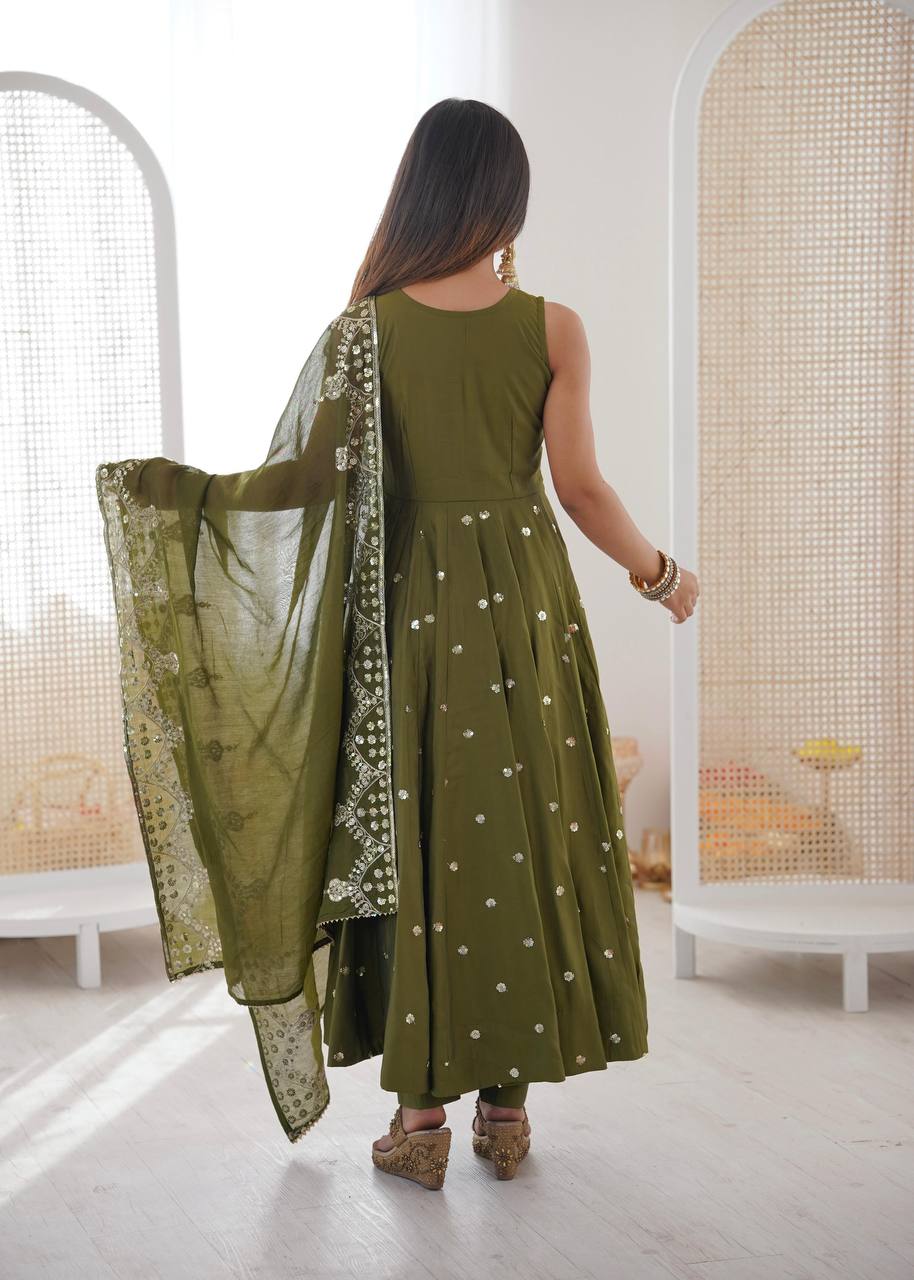 Premium Roman Silk Anarkali Gown, Bottom & Chanderi Silk Dupatta