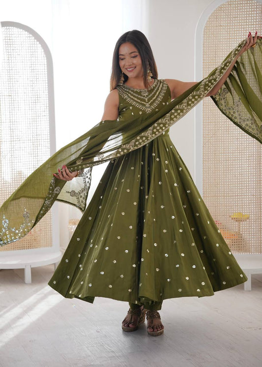 Premium Roman Silk Anarkali Gown, Bottom & Chanderi Silk Dupatta
