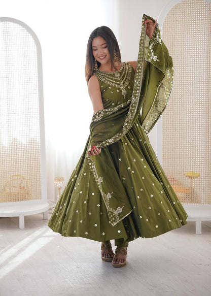 Premium Roman Silk Anarkali Gown, Bottom & Chanderi Silk Dupatta