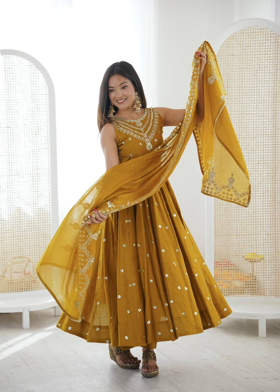 Premium Roman Silk Anarkali Gown, Bottom & Chanderi Silk Dupatta