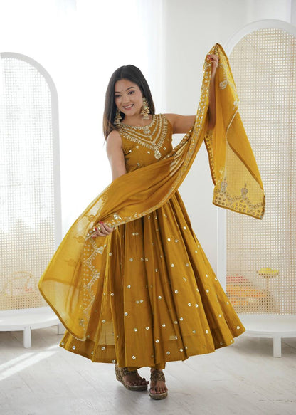 Premium Roman Silk Anarkali Gown, Bottom & Chanderi Silk Dupatta