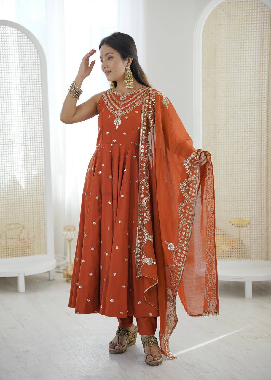 Premium Roman Silk Anarkali Gown, Bottom & Chanderi Silk Dupatta