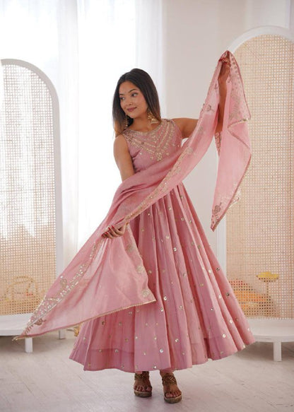 Premium Roman Silk Anarkali Gown, Bottom & Chanderi Silk Dupatta