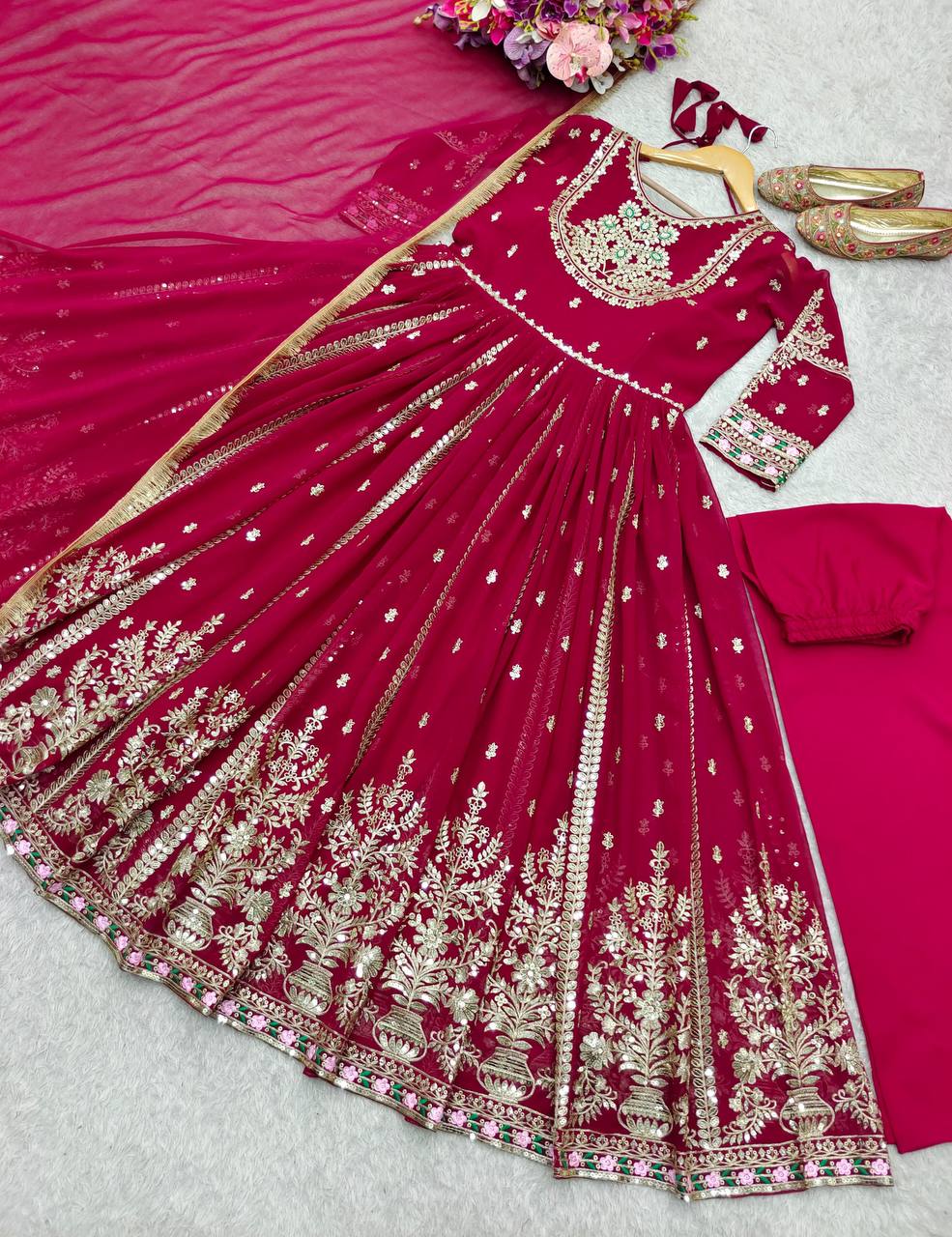 Premium Pure Blooming Georgette Gown, Pant & Dupatta Set