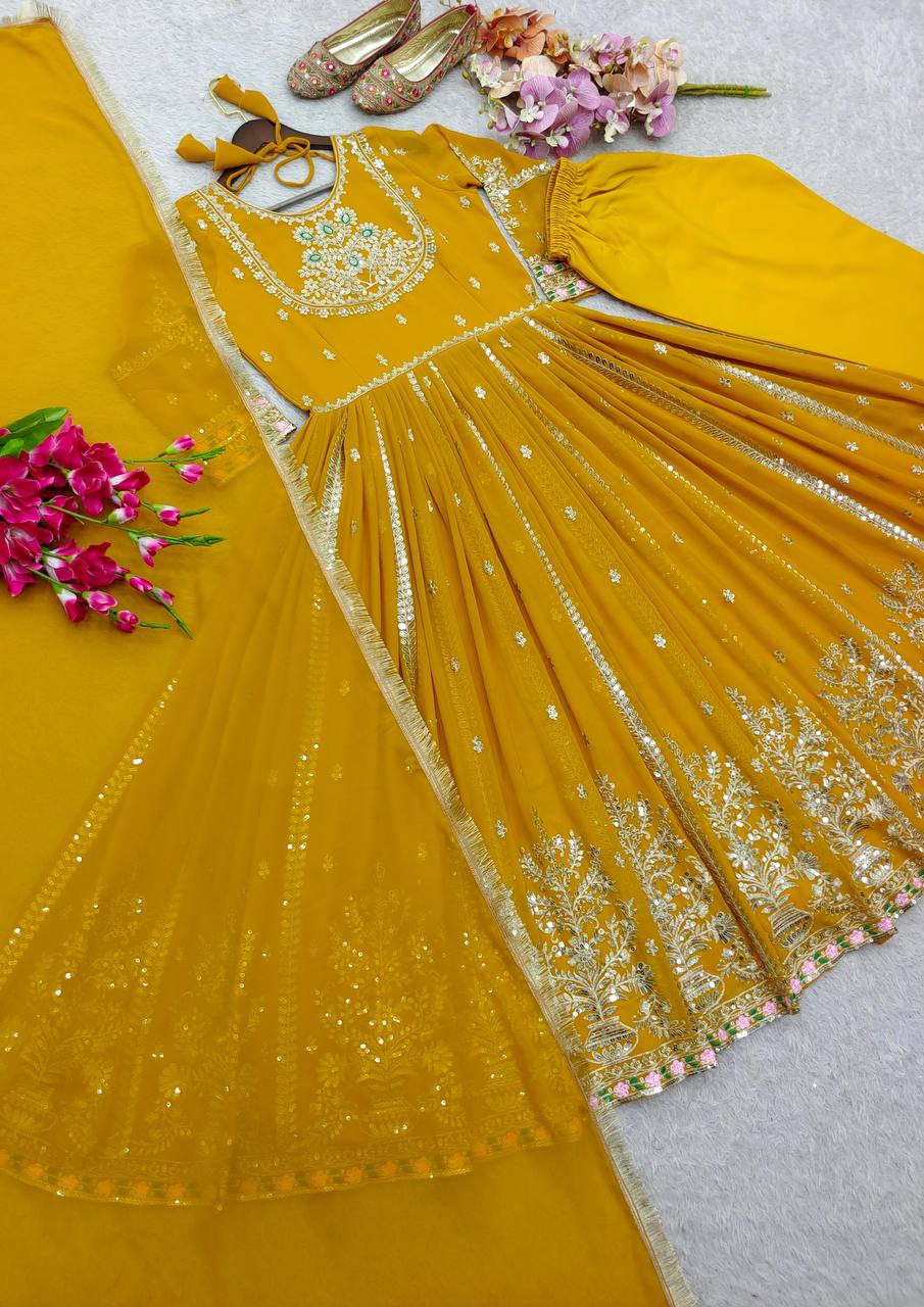 Premium Pure Blooming Georgette Gown, Pant & Dupatta Set