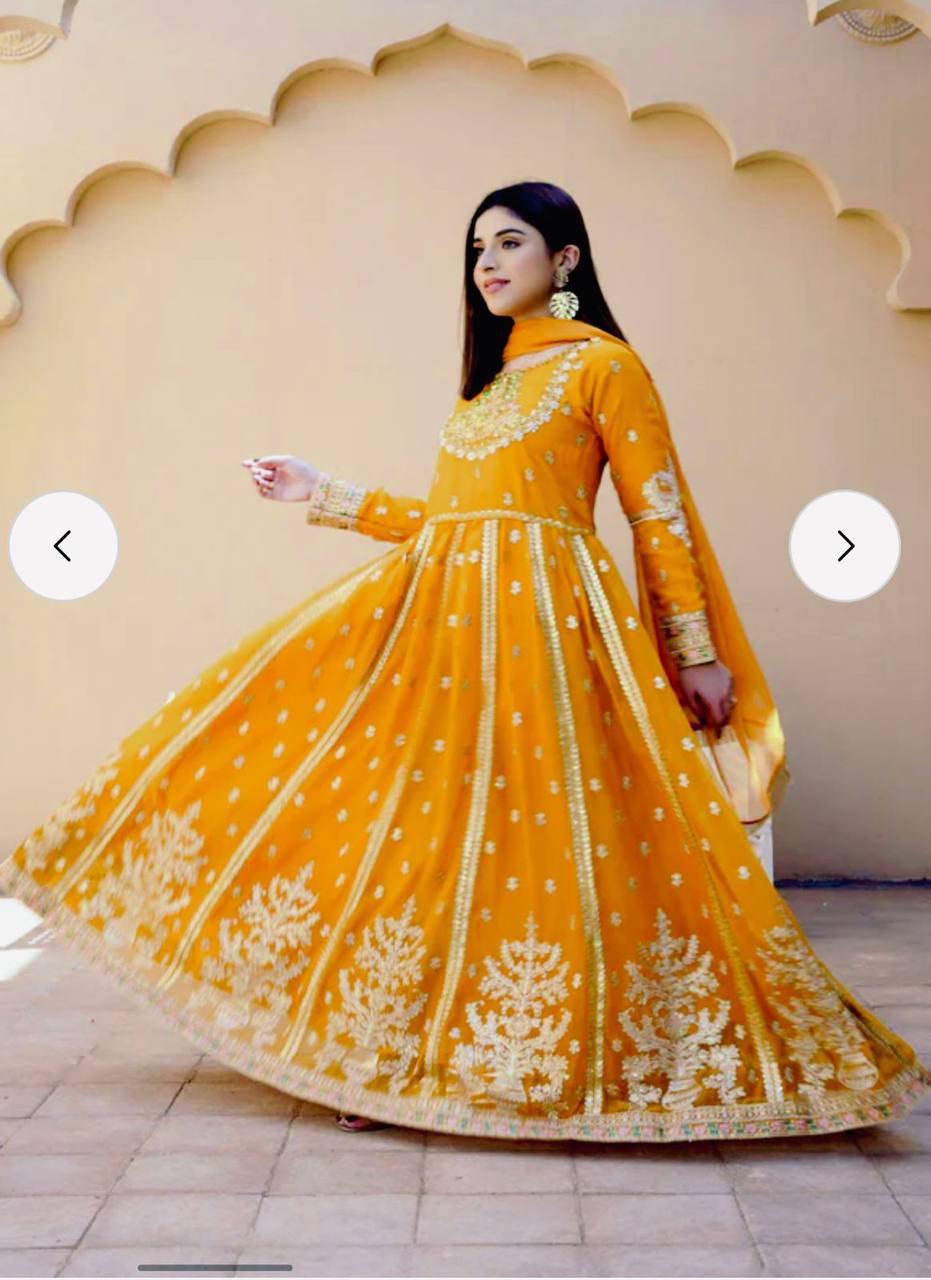 Premium Pure Blooming Georgette Gown, Pant & Dupatta Set