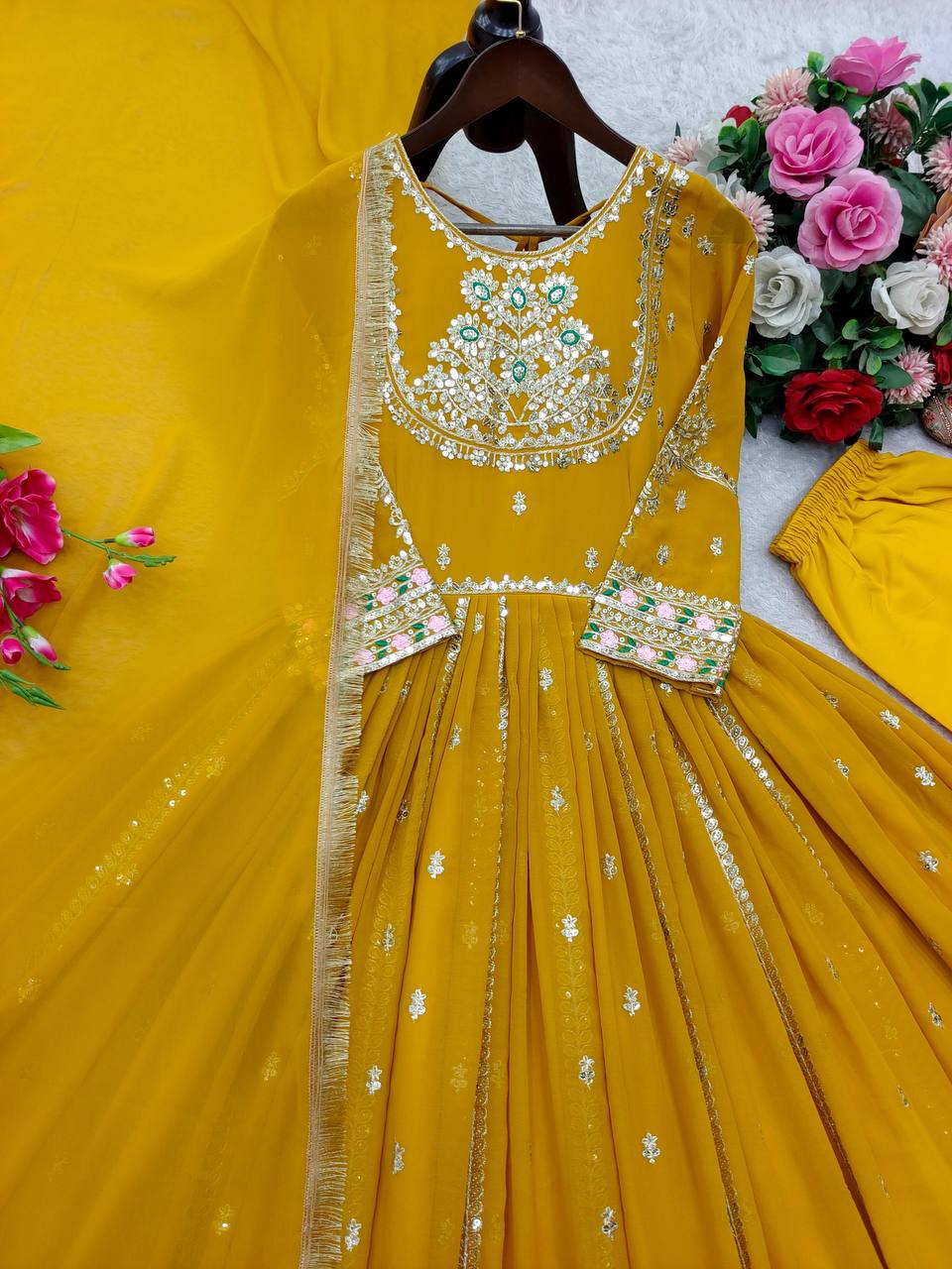 Premium Pure Blooming Georgette Gown, Pant & Dupatta Set