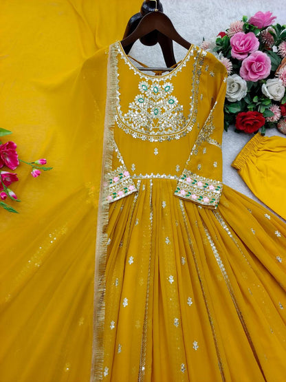 Premium Pure Blooming Georgette Gown, Pant & Dupatta Set