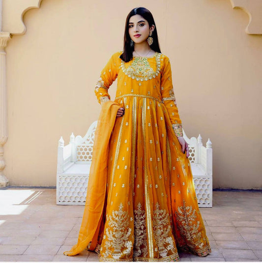 Premium Pure Blooming Georgette Gown, Pant & Dupatta Set