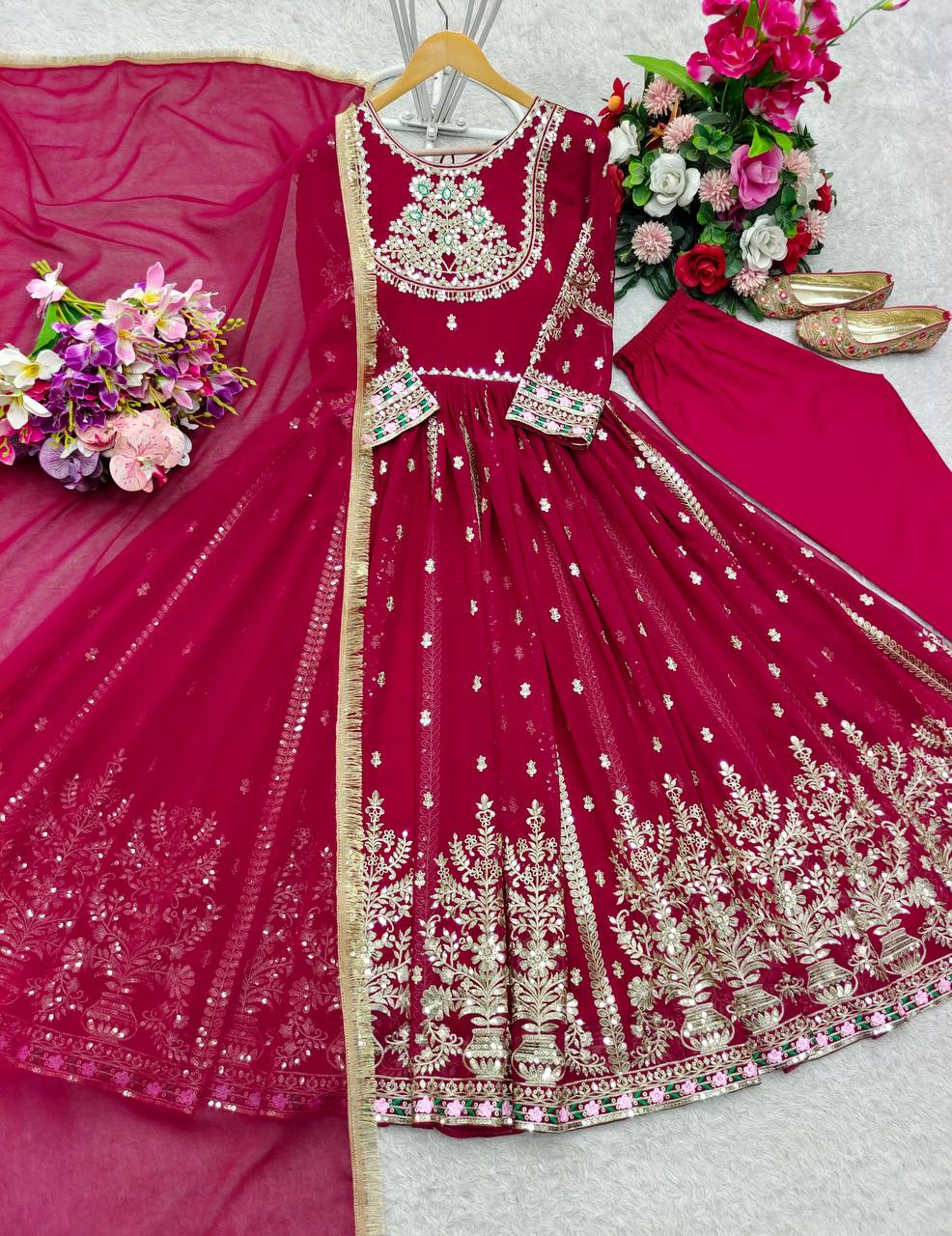 Premium Pure Blooming Georgette Gown, Pant & Dupatta Set