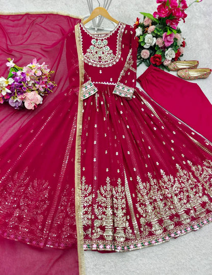 Premium Pure Blooming Georgette Gown, Pant & Dupatta Set