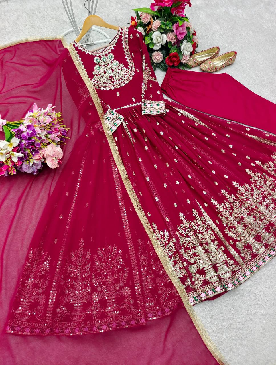 Premium Pure Blooming Georgette Gown, Pant & Dupatta Set