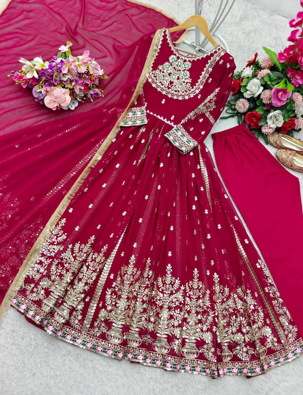 Premium Pure Blooming Georgette Gown, Pant & Dupatta Set