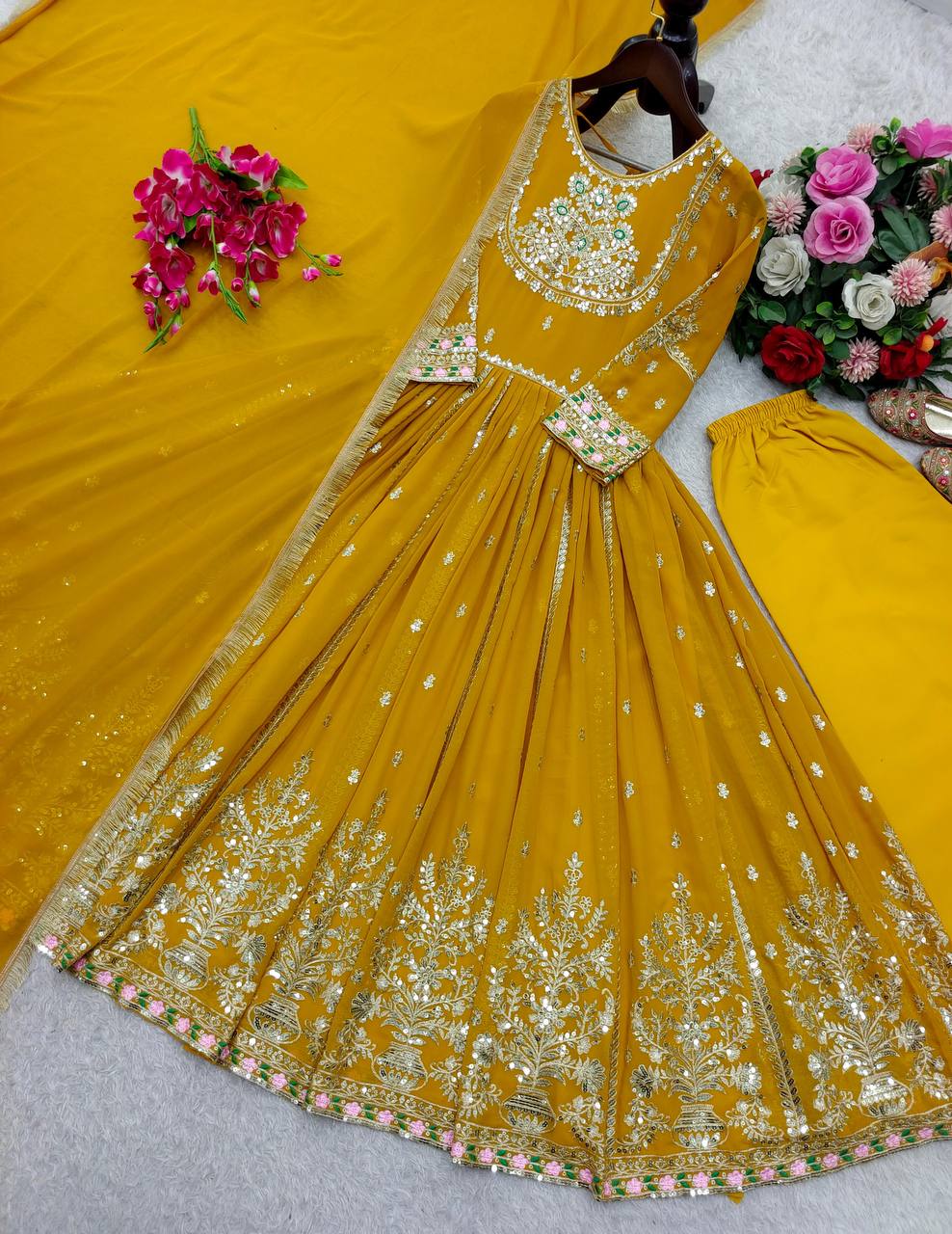 Premium Pure Blooming Georgette Gown, Pant & Dupatta Set