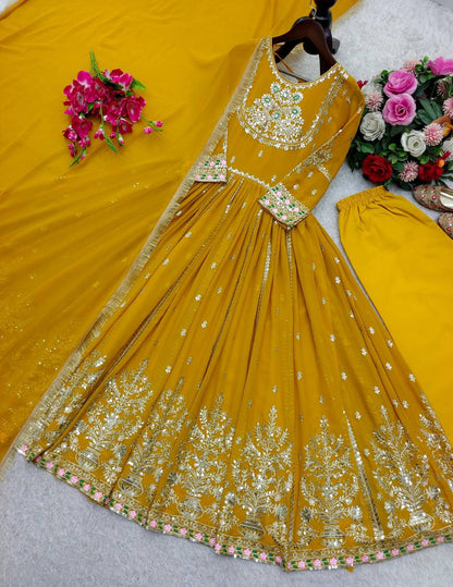 Premium Pure Blooming Georgette Gown, Pant & Dupatta Set
