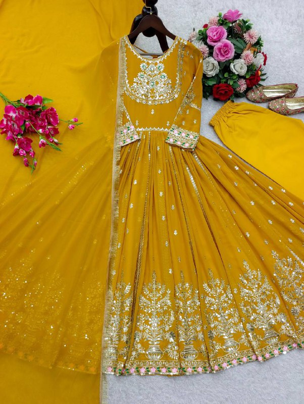 Premium Pure Blooming Georgette Gown, Pant & Dupatta Set