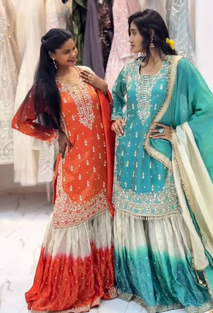 Premium Pure GMY Silk Top, Plazzo & Dupatta Set – Heavy Sequins Embroidery