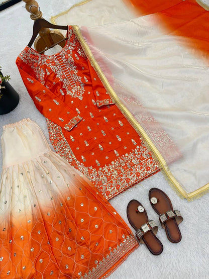 Premium Pure GMY Silk Top, Plazzo & Dupatta Set – Heavy Sequins Embroidery