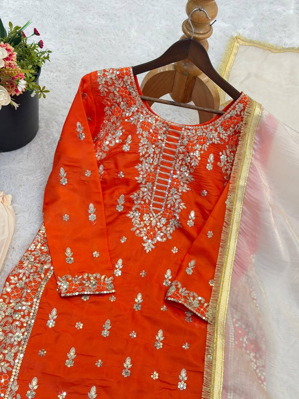 Premium Pure GMY Silk Top, Plazzo & Dupatta Set – Heavy Sequins Embroidery