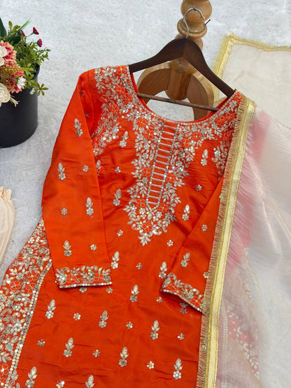 Premium Pure GMY Silk Top, Plazzo & Dupatta Set – Heavy Sequins Embroidery