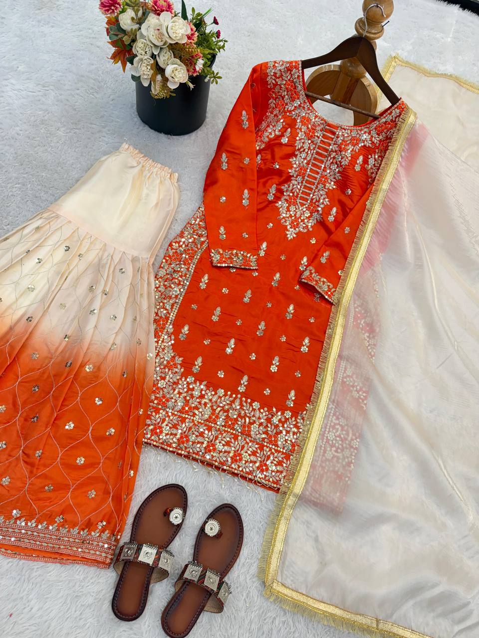 Premium Pure GMY Silk Top, Plazzo & Dupatta Set – Heavy Sequins Embroidery
