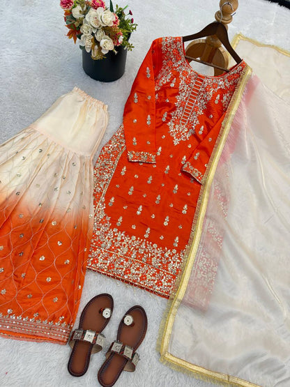 Premium Pure GMY Silk Top, Plazzo & Dupatta Set – Heavy Sequins Embroidery