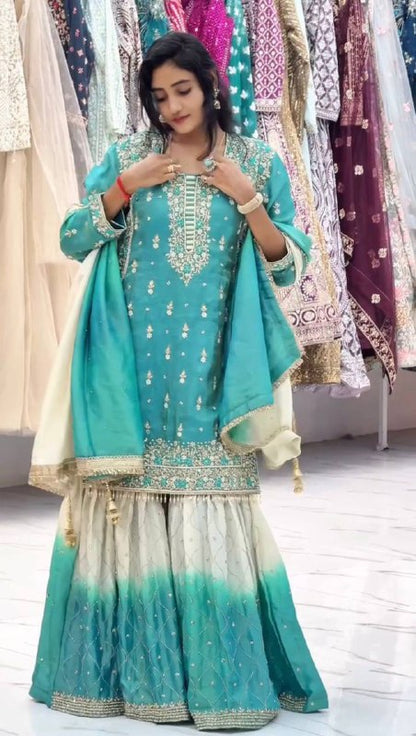Premium Pure GMY Silk Top, Plazzo & Dupatta Set – Heavy Sequins Embroidery
