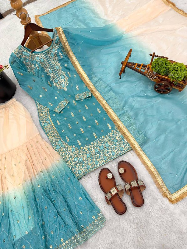 Premium Pure GMY Silk Top, Plazzo & Dupatta Set – Heavy Sequins Embroidery