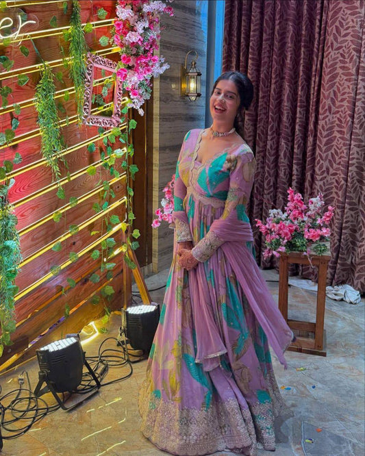 Premium Fox Georgette Party Gown & Dupatta Set – Sequins Embroidery Work
