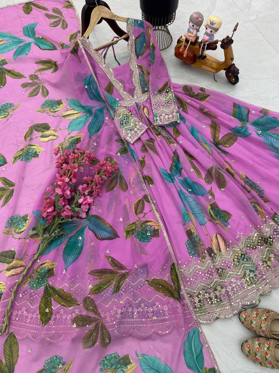 Premium Fox Georgette Party Gown & Dupatta Set – Sequins Embroidery Work