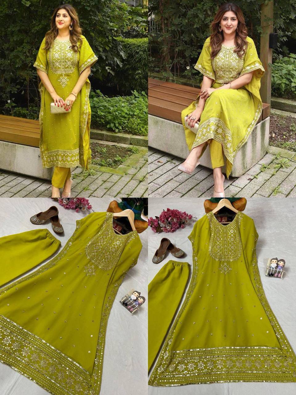 Premium Faux Georgette Kaftan & Pant Set – Sequins & Zari Embroidery Work