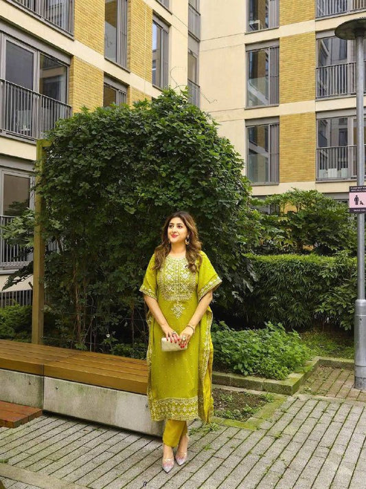 Premium Faux Georgette Kaftan & Pant Set – Sequins & Zari Embroidery Work